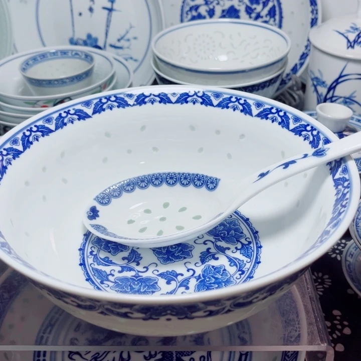 青花玲珑8寸汤碗牡丹花带勺子