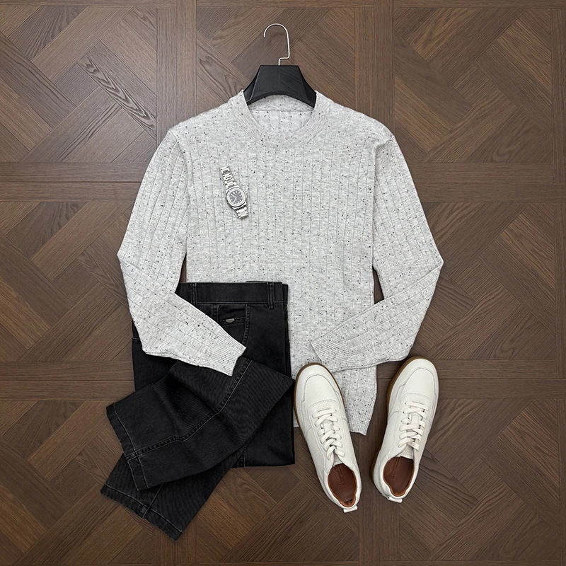 LANSIM·老钱风坑条针织衫毛衣男士秋冬季修身上衣通勤打底衫长袖