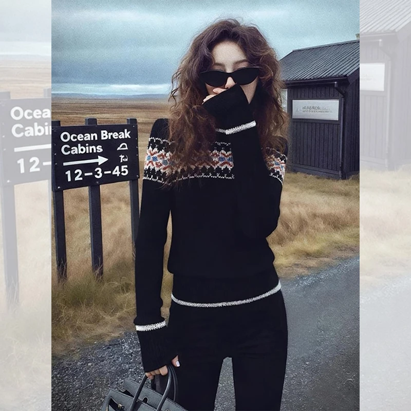 独特漂亮内搭黑色小衫费尔岛毛衣打底洋气高贵针织衫上衣女装秋冬