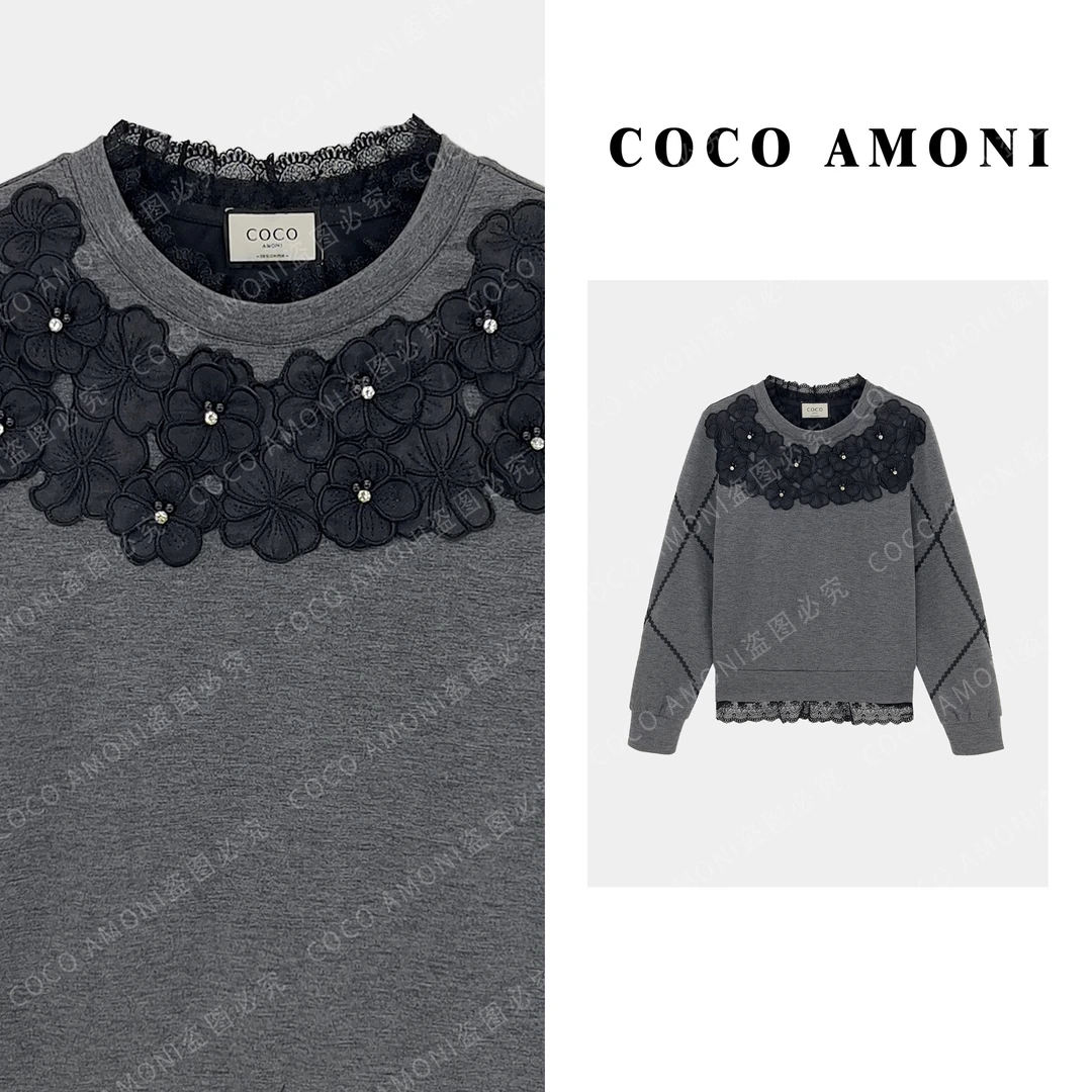 原创设计新款高级感时尚女装拼接重工花朵显瘦减龄长袖卫衣ZD155