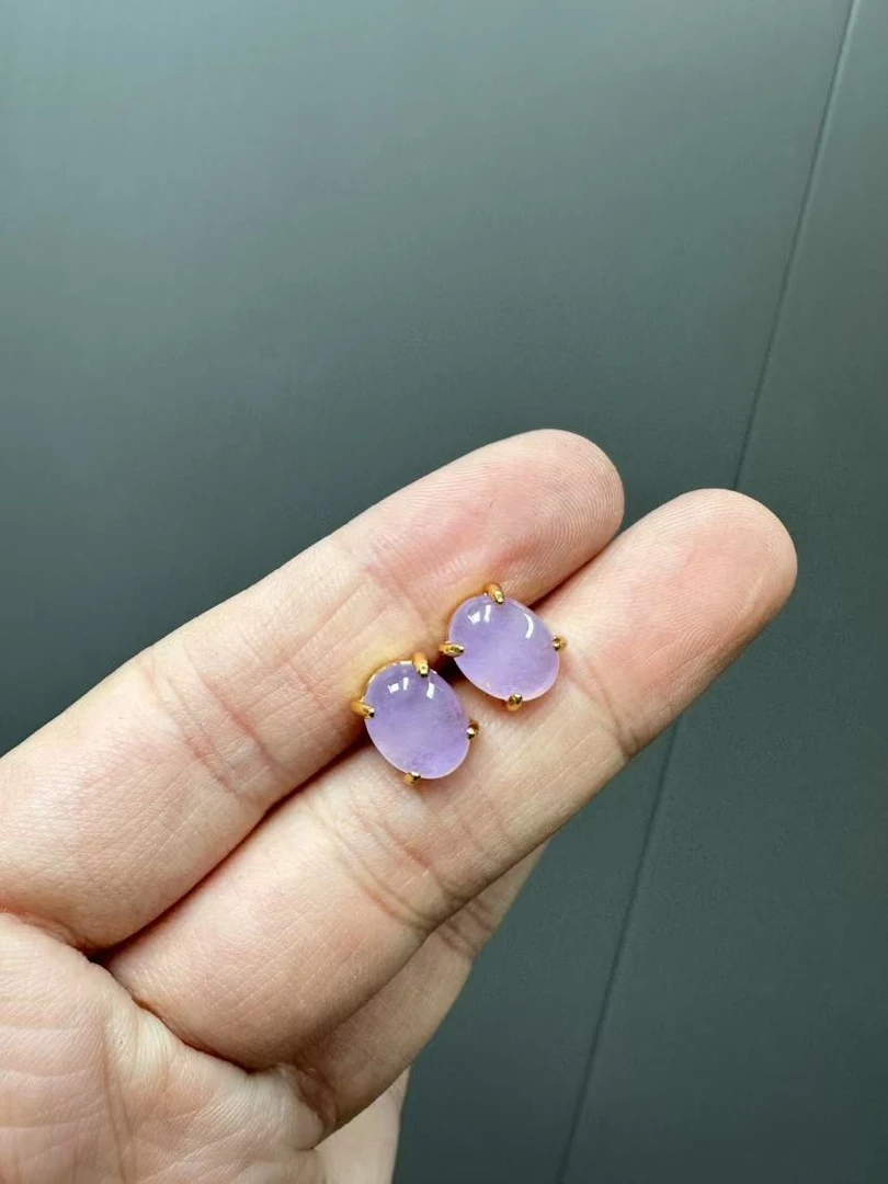 翡翠紫翡14k四爪椭圆形耳针