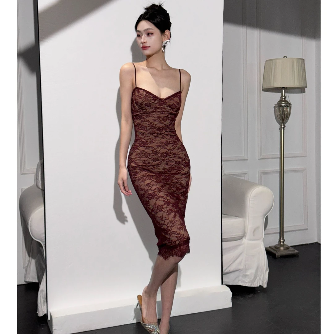 【JINGGUO轻奢】小众法式吊带性感名媛气质收腰蕾丝抹胸连衣裙7257