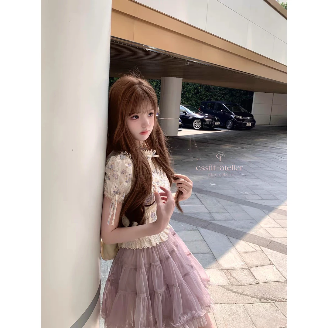 【鸢尾手札集】紫碎花刺绣蕾丝蝴蝶结衬衫配显瘦高腰雾紫半身纱裙女