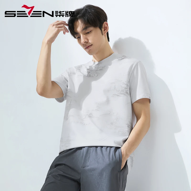 【新疆棉】柒牌水墨印花圆领短袖T恤男2025夏季新款宽松休闲上衣潮