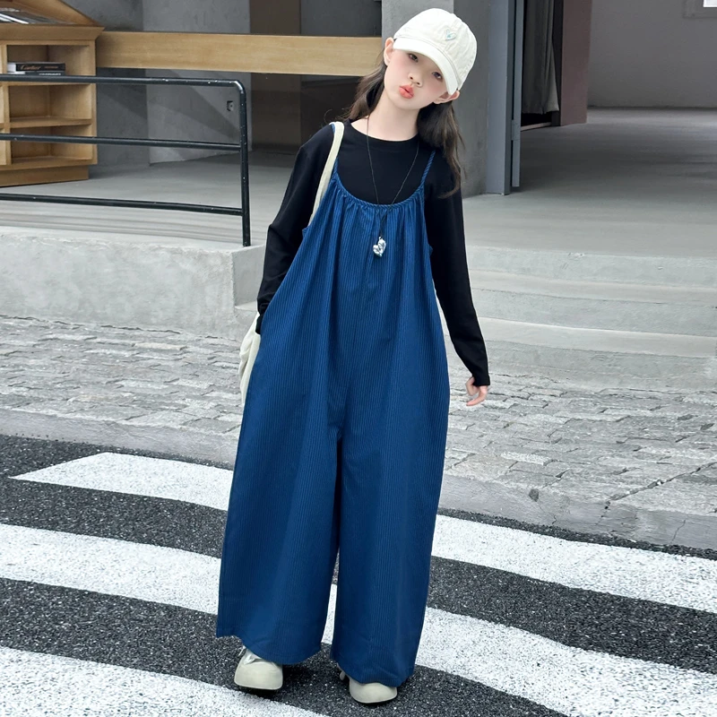 女童秋装套装2025新款韩版儿童春秋长袖打底衫女孩背带裤两件套