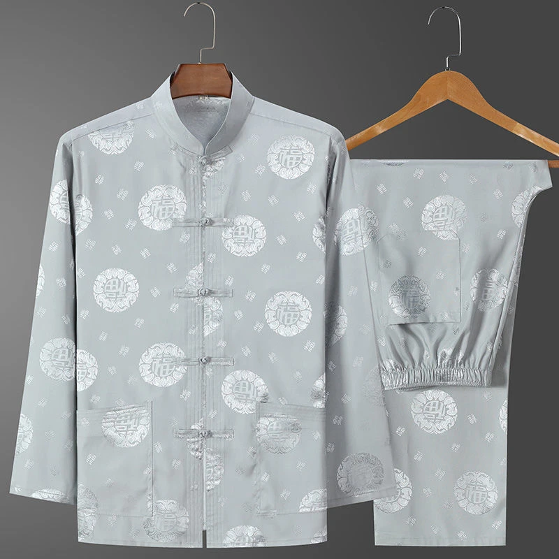 老人唐装男冰丝长袖夏季中老年过寿生日爷爷装中国风爸爸春秋套装