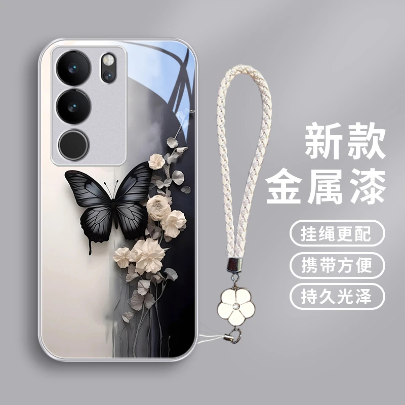 黑色蝴蝶适用vivos17手机壳S17pro玻璃vivoS16pro防摔s16女款s17
