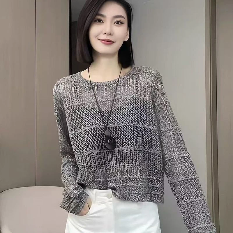 复古镂空设计感圆领长袖针织衫新款早春宽松小个子洋气罩衫上衣