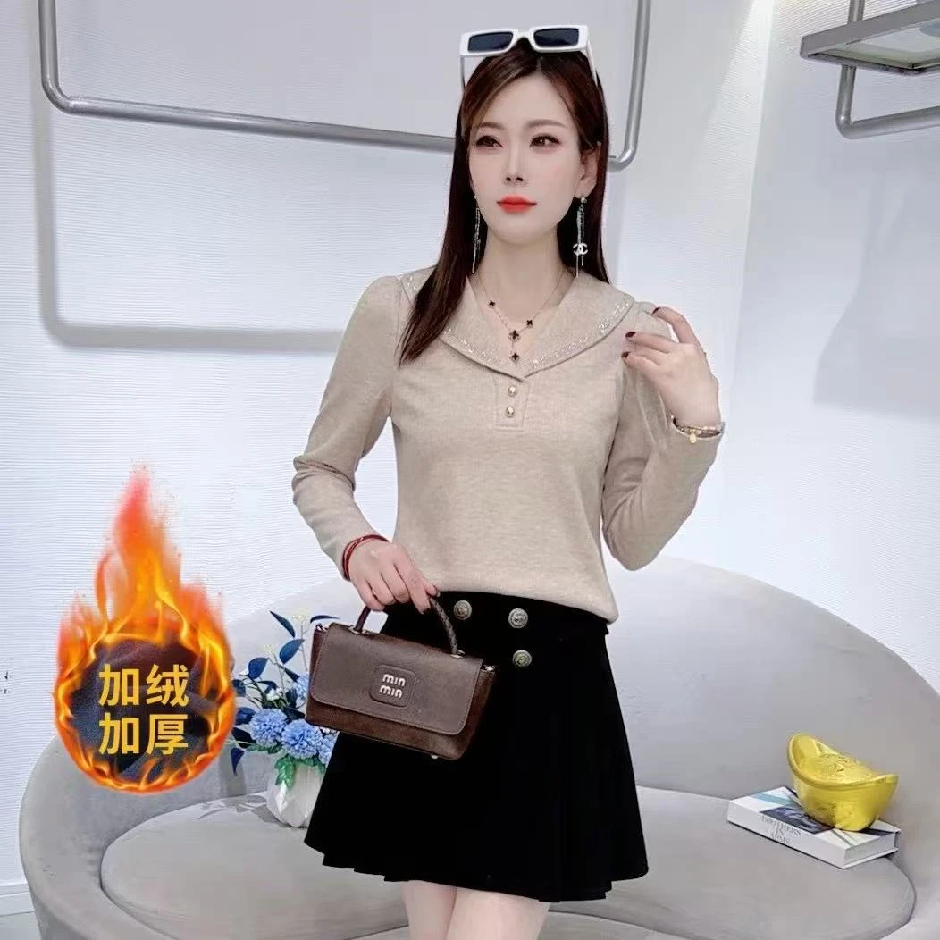 A8957秋冬新款T恤长袖V领花边显瘦减龄百搭洋气上衣T恤小衫