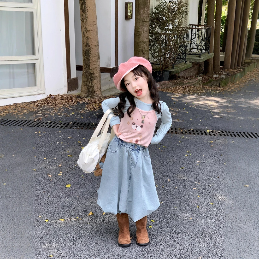 2025秋季新款 女童卡通小熊吊带背心+打底衫+牛仔花苞长裙三件套