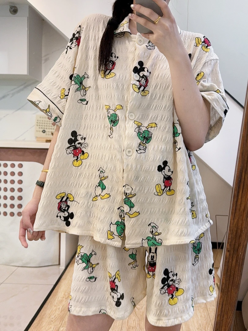 韩系睡衣女夏季卡通米奇提花棉翻领短袖短裤慵懒ins家居服套装