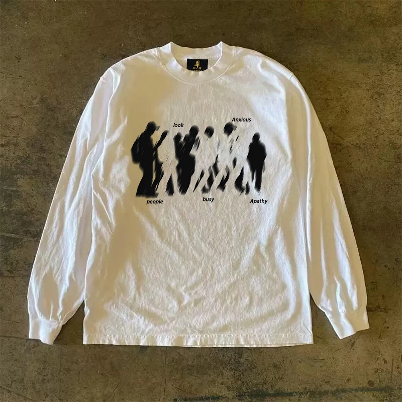 260克重纯棉！美式泼墨扎染卡通人物印花复古潮牌长袖T恤男女同款