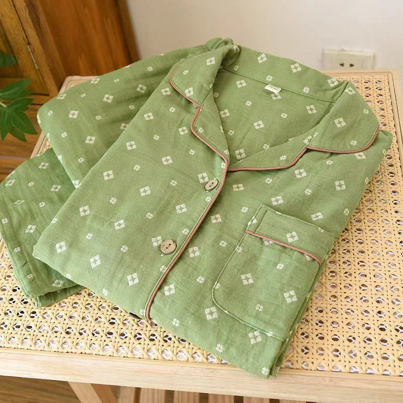 【套装】色织提花女士全棉双层纱休闲家居服长袖长裤套装