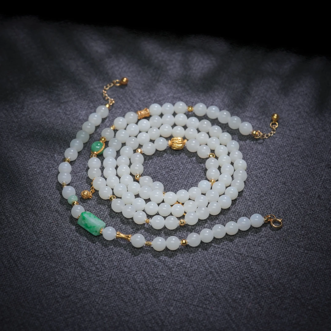 云悦·传世级和田玉米达老料18K108珠多戴款白玉项链AD1385约6mm