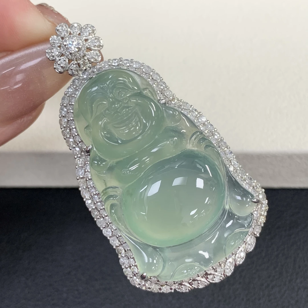 新品推荐·18k金高货冰晴底大站佛佛公翡翠玉石吊坠缅A气质毛衣链