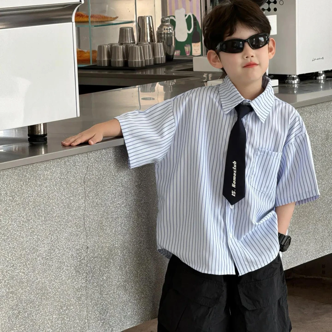 韩版2025夏季新款男女童学院风条纹衬衫童装洋气短袖儿童上衣潮