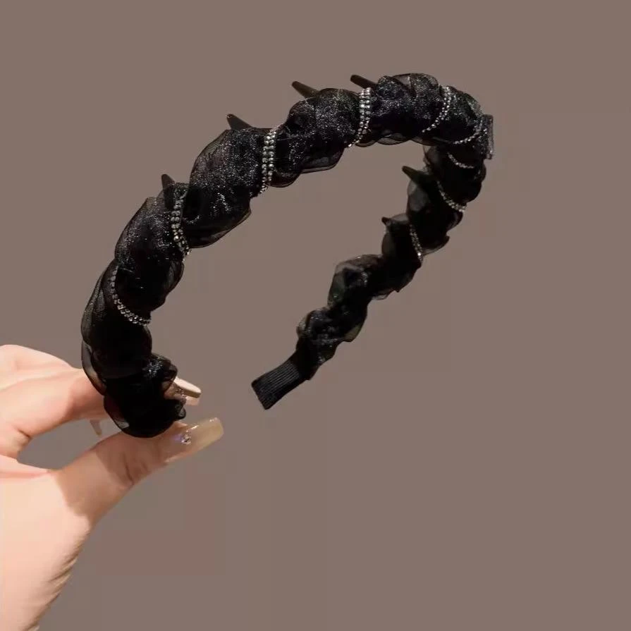 时尚小香风珠光纱水钻缠绕发箍2025气质外出增高颅顶百搭发卡头饰