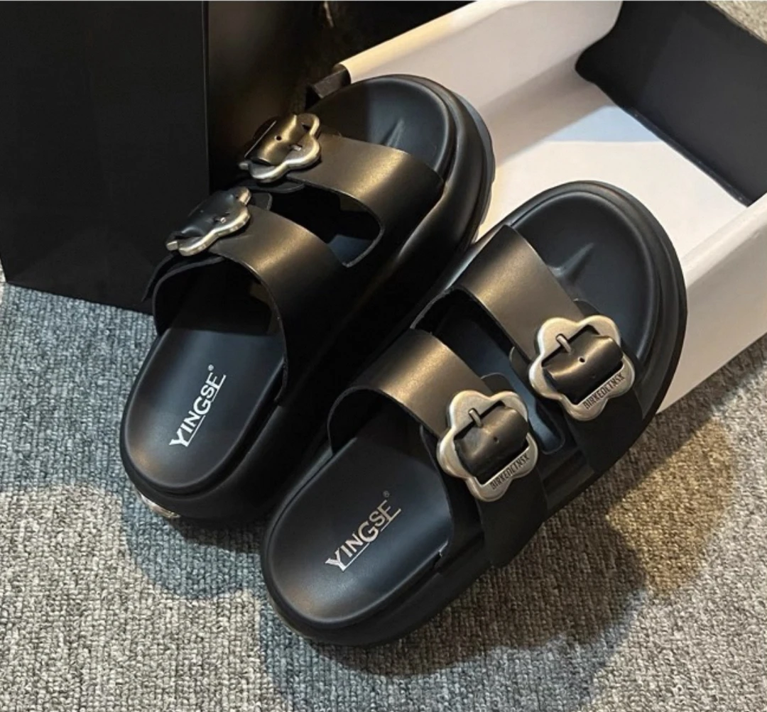 SUSU【花朵凉鞋/拖鞋】厚底露趾百搭休闲新款花朵双扣带沙滩凉拖鞋