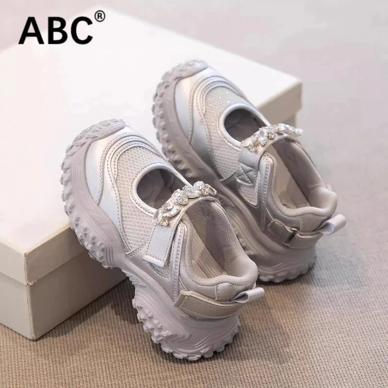 ABC女童运动鞋子2025春秋季新款儿童鞋子透气网鞋女孩银色老爹鞋