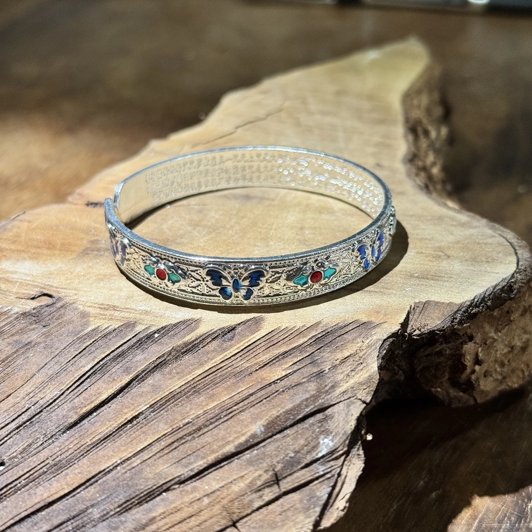 925银手镯 K230 复古珐琅彩蝴蝶银镯 开口