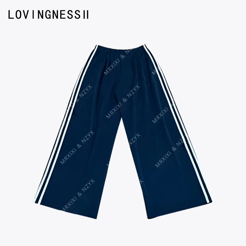2025夏季新款小众设计两条杠校服裤简约宽松运动休闲阔腿长裤女