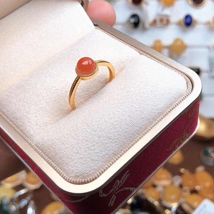 南红玛瑙银S925镀金镶嵌戒指