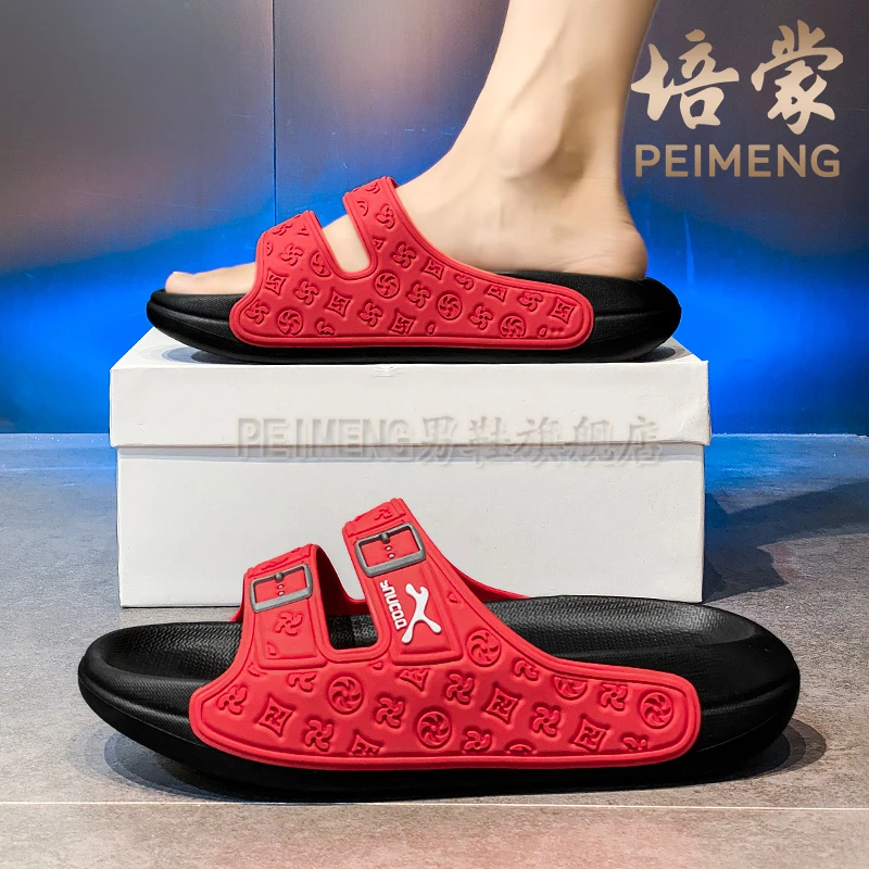 培蒙红色拖鞋男夏季居家防滑外出休闲大码45凉拖厚底沙滩一字凉鞋