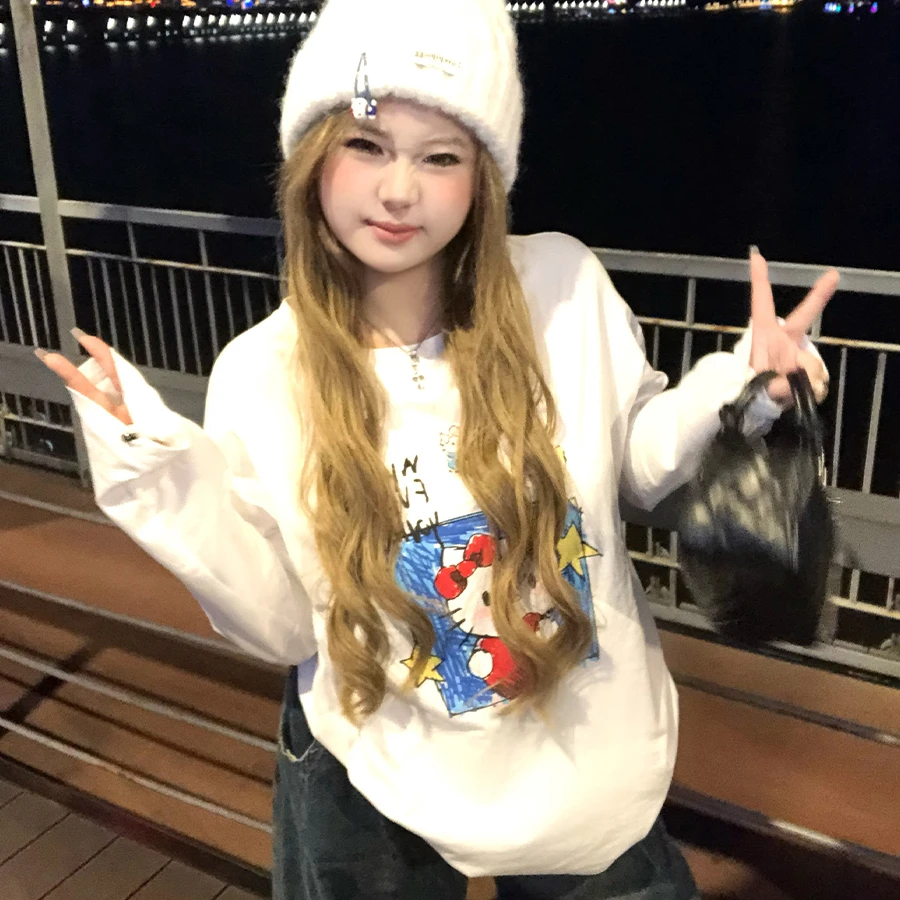 潮牌秋季复古款大码女装休闲t恤韩版2-300斤胖MM宽松100%纯棉长袖