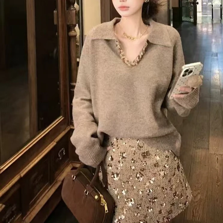 YUNSH法式重工水钻亮片v领长袖针织衫女秋冬宽松软糯复古气质毛衣