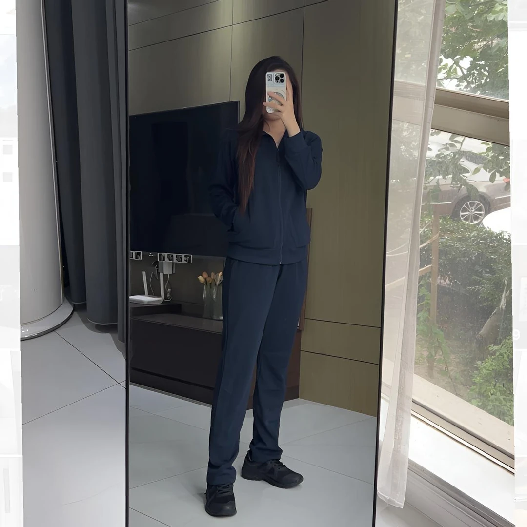 长袖套装秋季休闲速干跑步运动长裤户外男女服装修身套装[藏蓝]