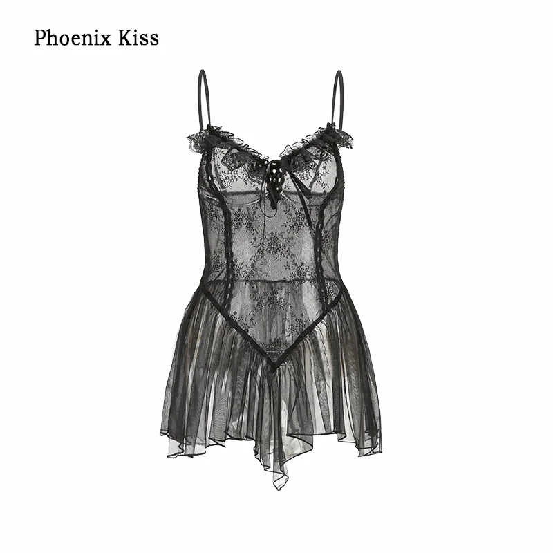 性感系带吊带睡衣蕾丝网纱纯欲小胸聚拢睡裙家居服套装