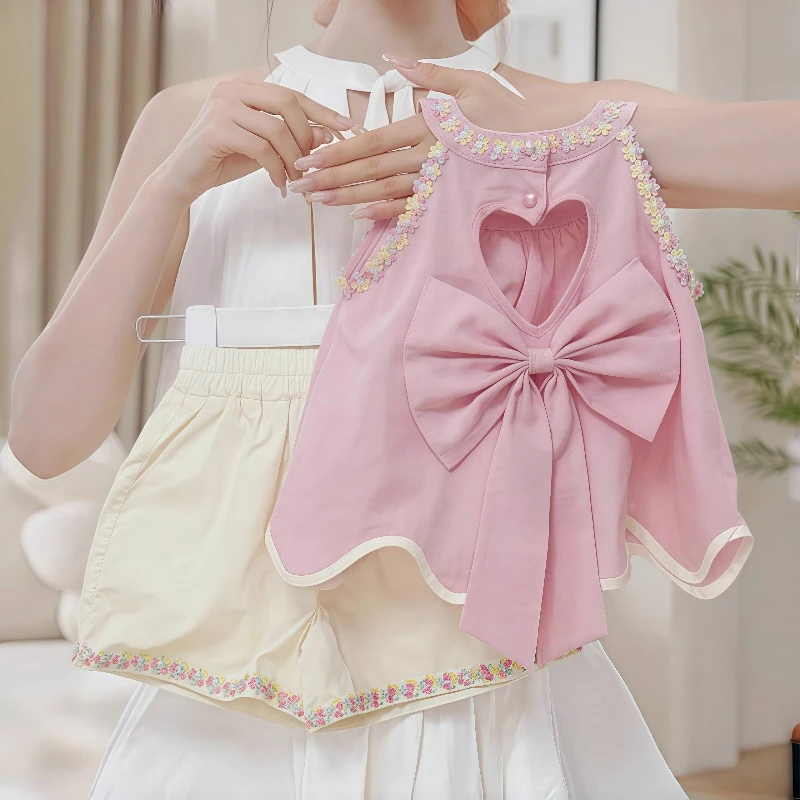 女童花边娃娃衫短裤套装2025新款夏季露背无袖背心蝴蝶结甜美风薄