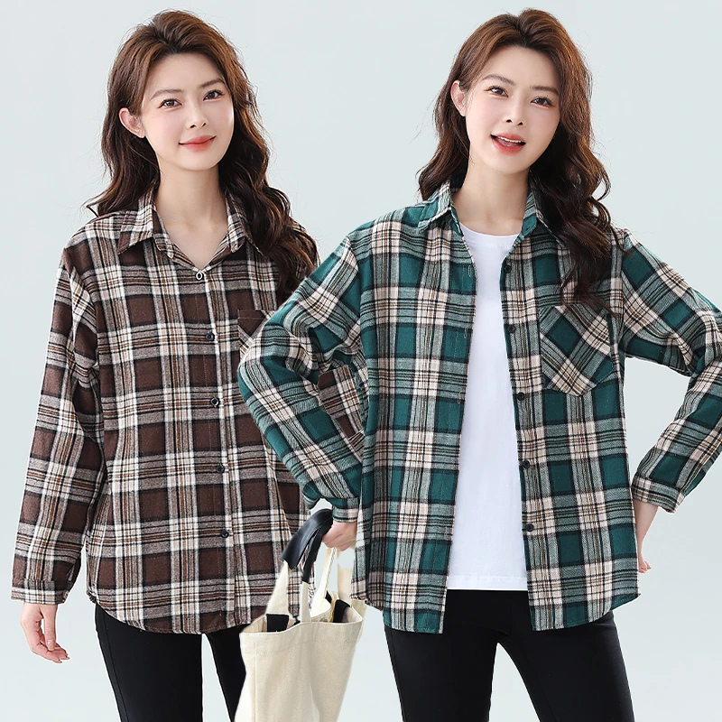 气质中老年女装格子外穿春秋翻领休闲女装衬衫经典百搭长袖衬衣