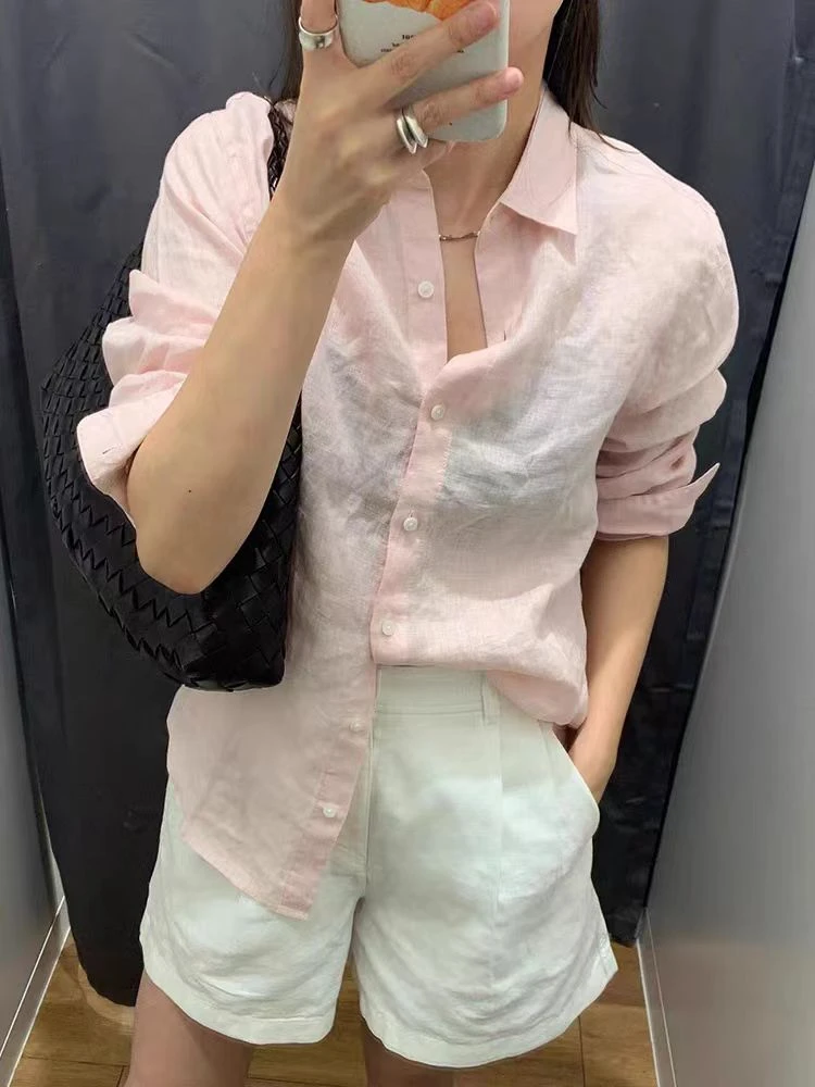 『朱小姐』亚麻时尚百搭翻领长袖衬衫 F892