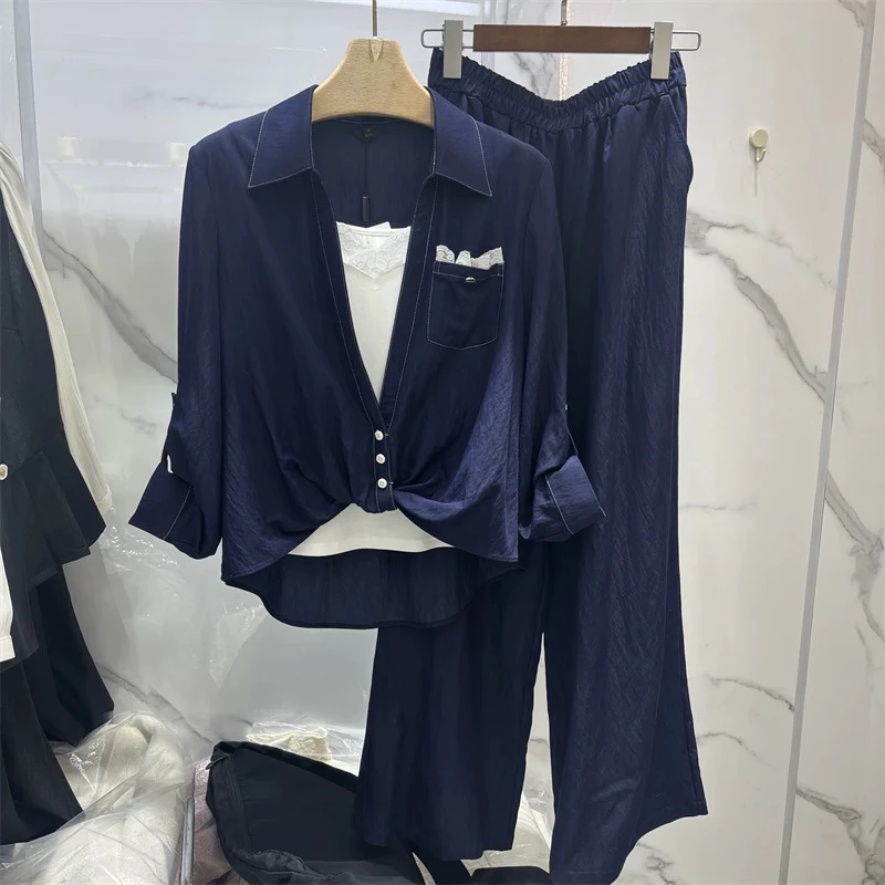 0014时尚套装百搭开衫秋季蕾丝休闲牛仔蓝色女装吊带衬衫三件套