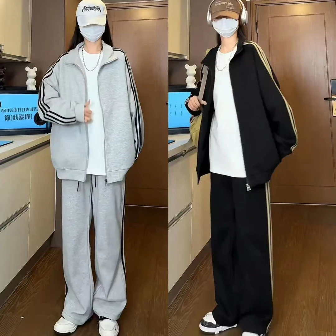 秋季撞色开衫条纹卫衣潮牌运动服学院风套装宽松休闲情侣裤子男