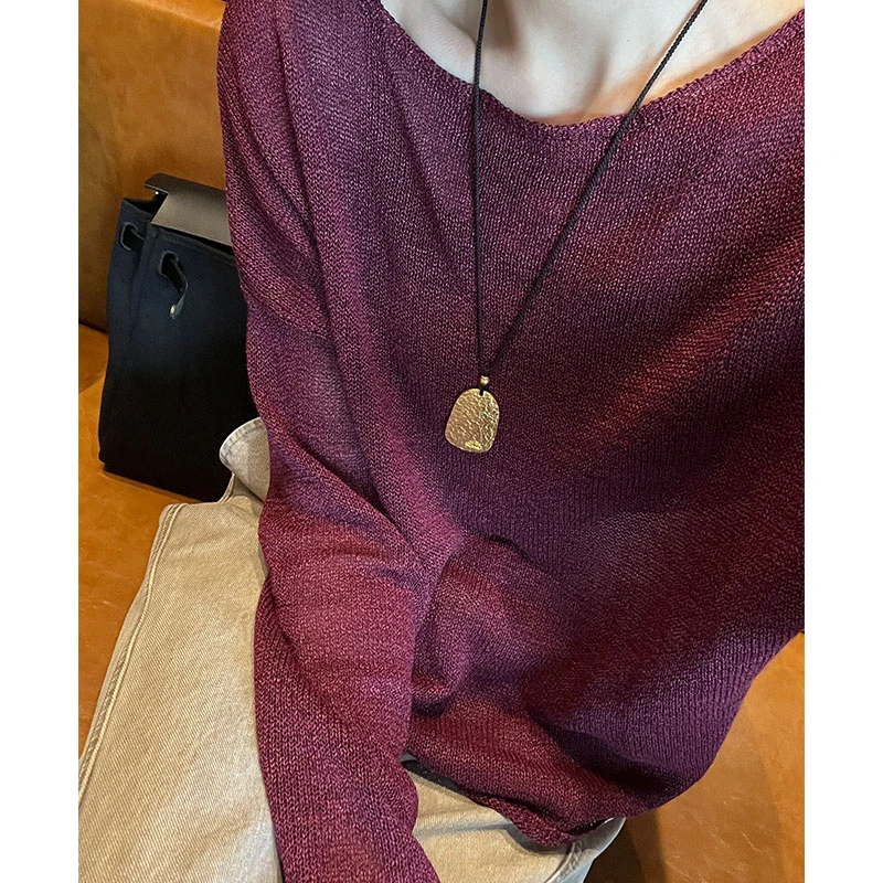 吕小布 | 松弛慵懒微透感 和纸纱针织镂空一字肩防晒罩衫0330