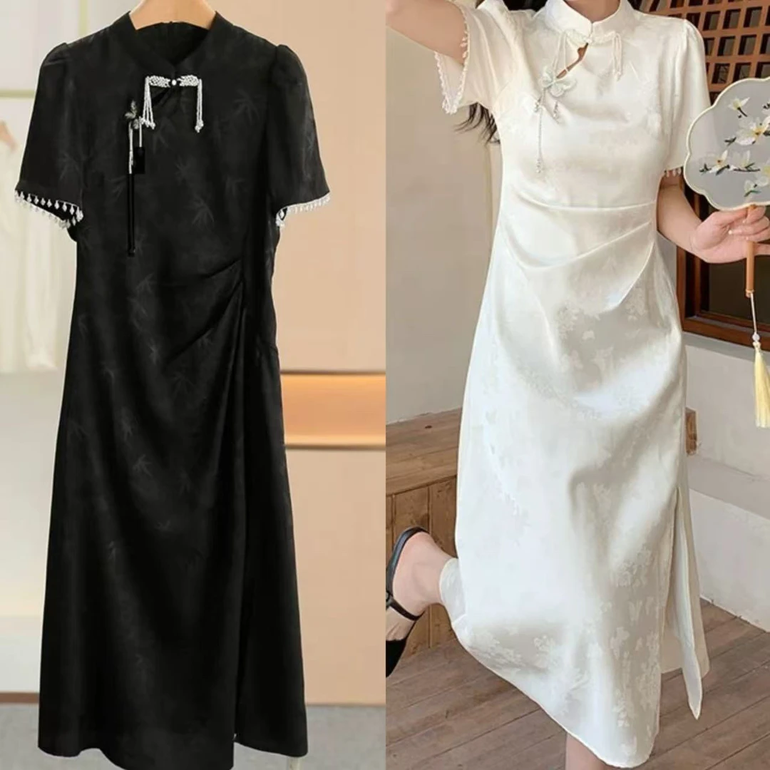 新中式改良旗袍斜襟高开衩提花连衣裙古风气质长裙