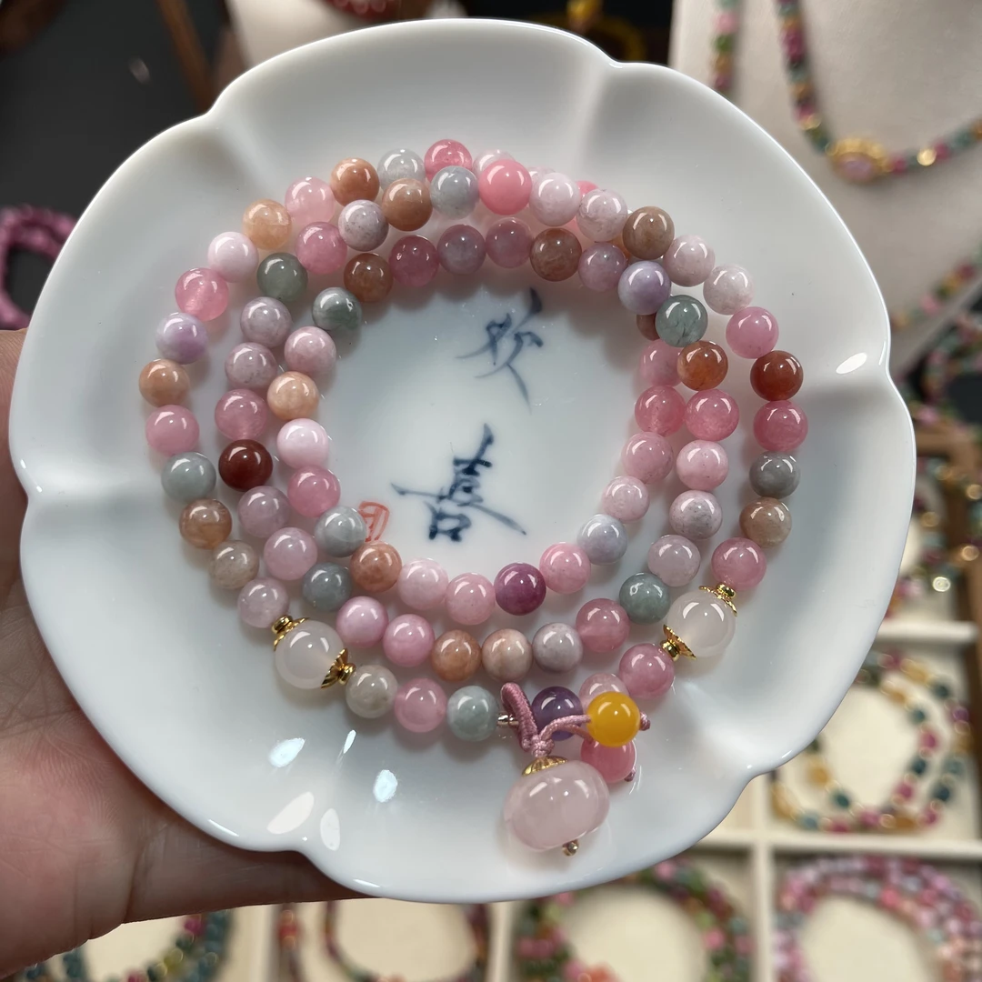 桃之夭夭粉晶福瓜三圈手串设计款 （6mm）颜色多样性