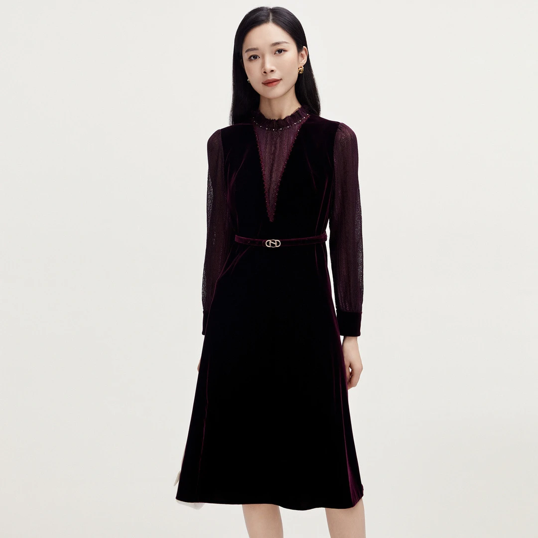 【岚岚专属】【流光丝绒】女时尚丝滑绒感拼色连衣裙女