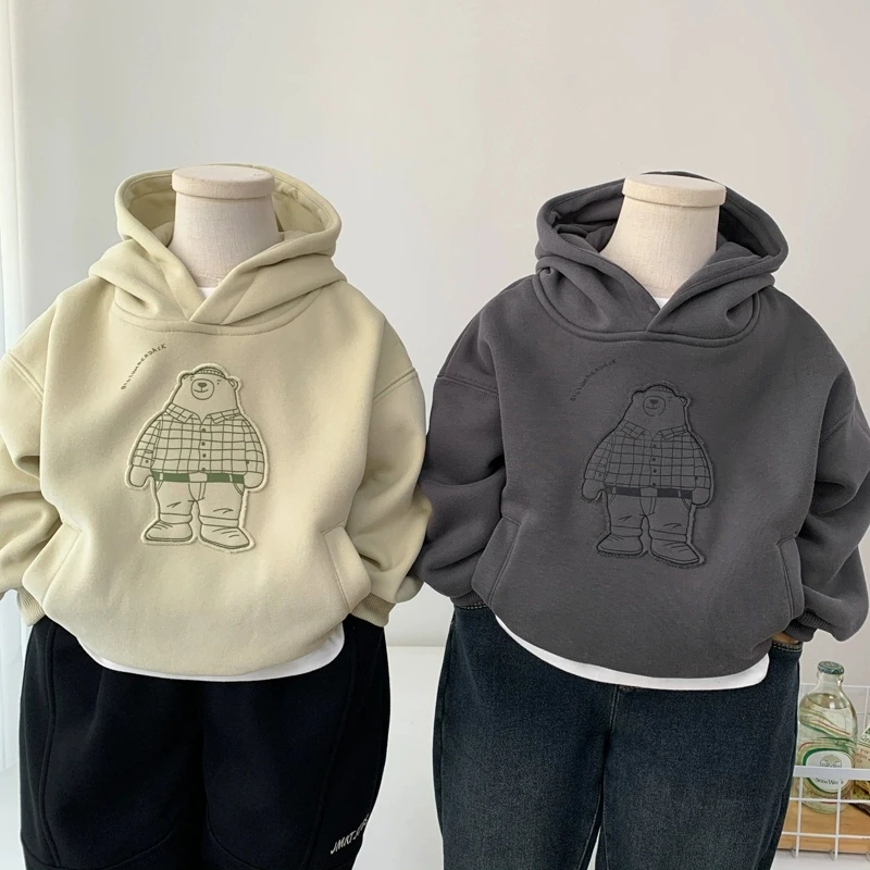 男童加绒连帽卫衣一体绒秋冬套头衫2025新款中小童卡通帅气上衣潮