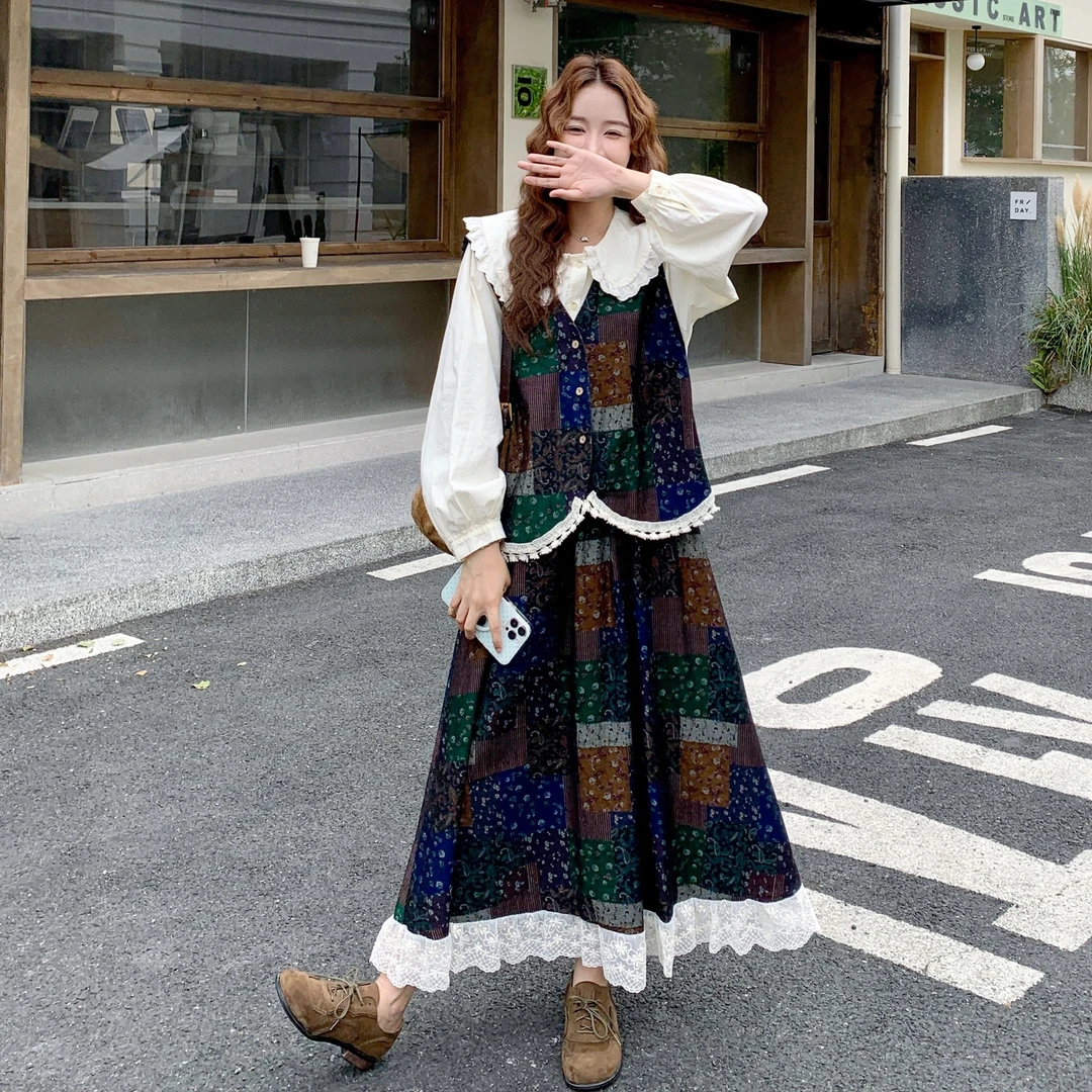 韩系穿搭一整套女2025早秋减龄娃娃领衬衫印花马甲半身裙三件套