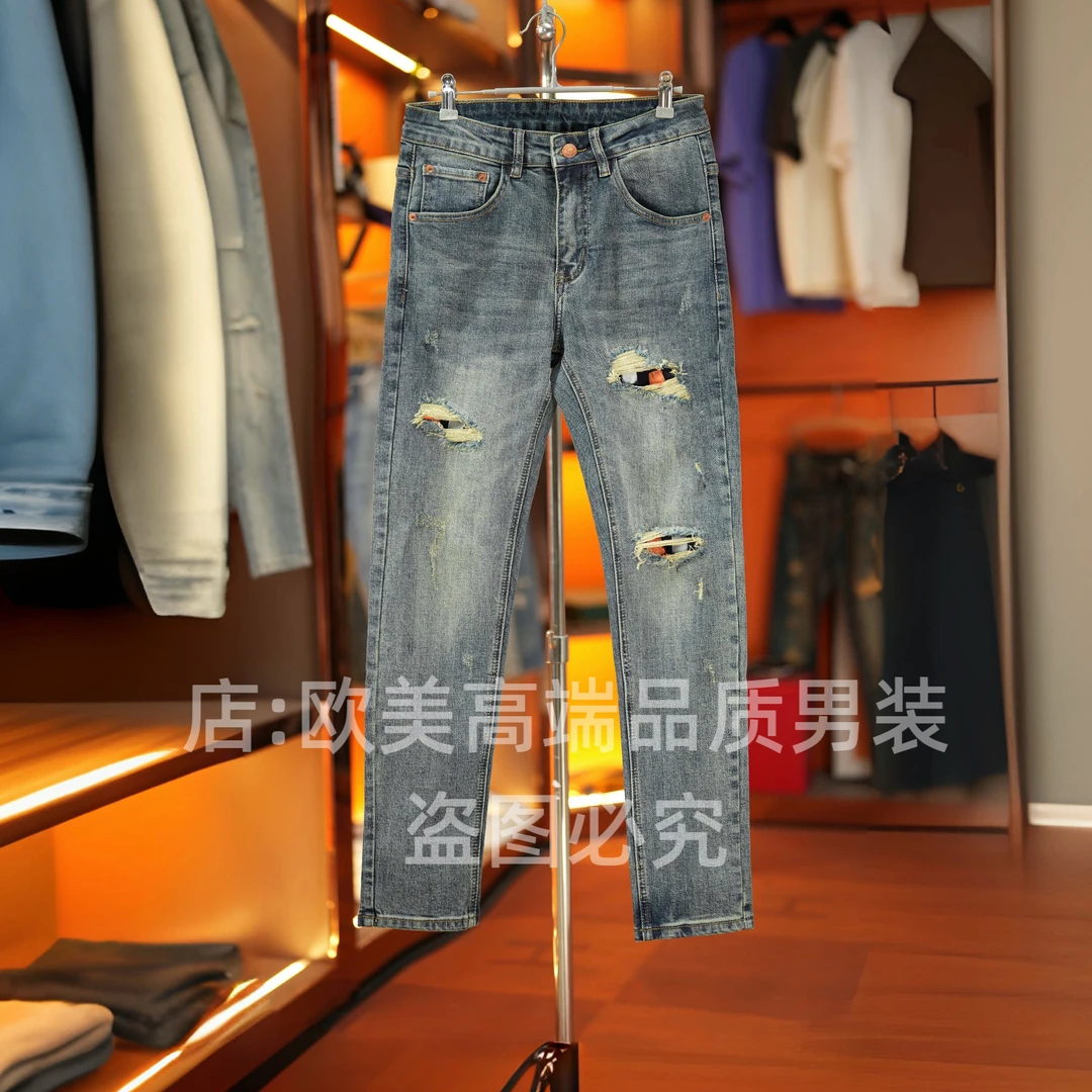 秋季新款高端美式复古怀旧原创破洞补丁男士牛仔裤修身弹力个性潮