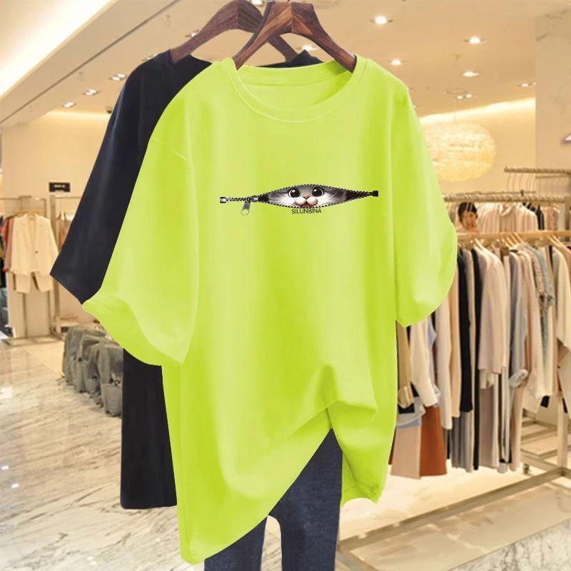 中长款纯棉正肩短袖T恤女2026夏季新款欧货大版卡通上衣打底衫ins