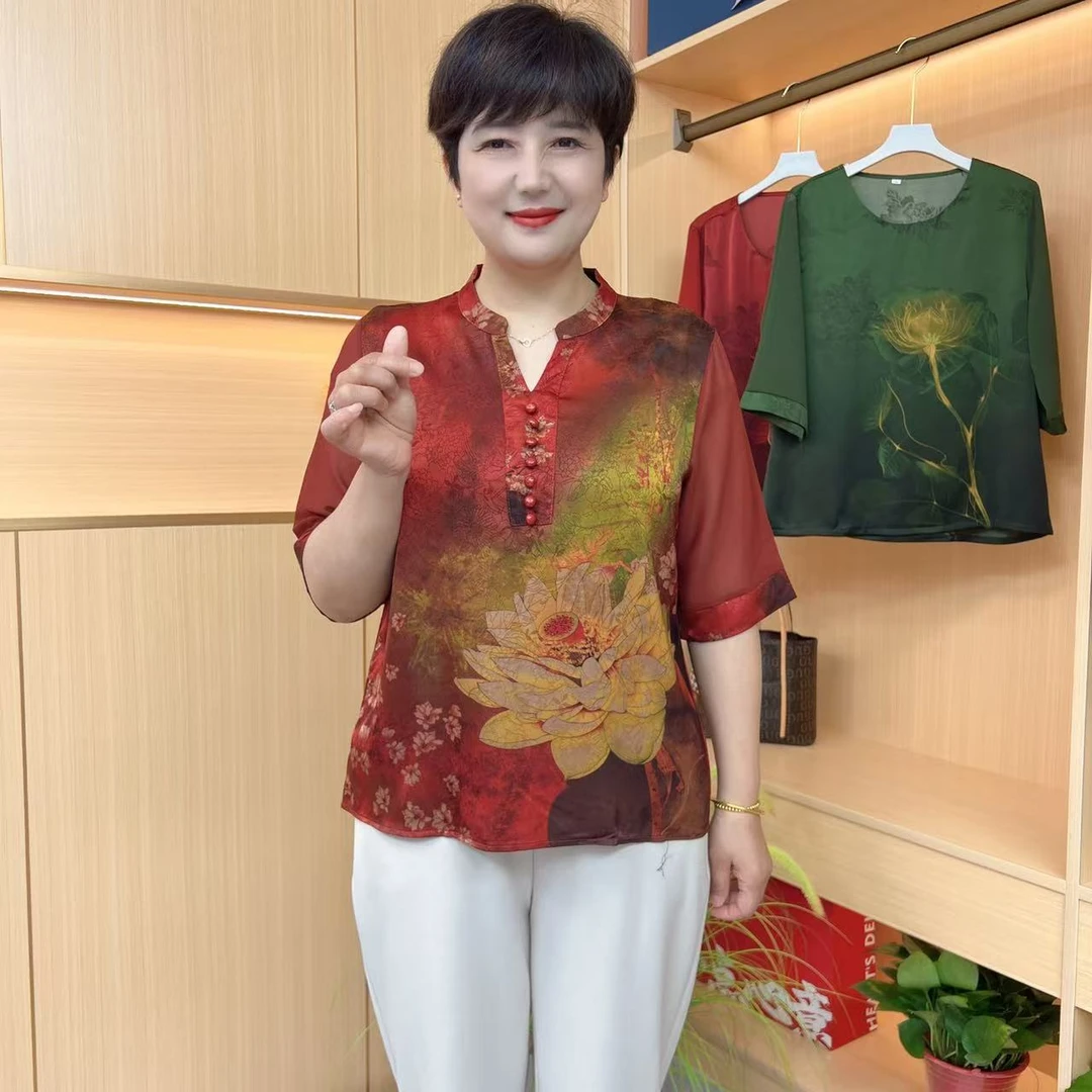 印花夏季薄款圆领V领中式花色短款时尚复古碎花中老年女装