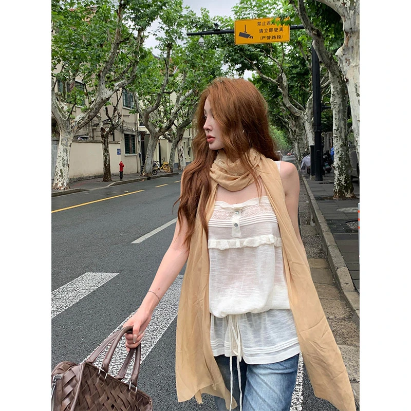 夏季设计感宽松气质拼接系带背心吊带新款复古百搭牛仔中裤两件套