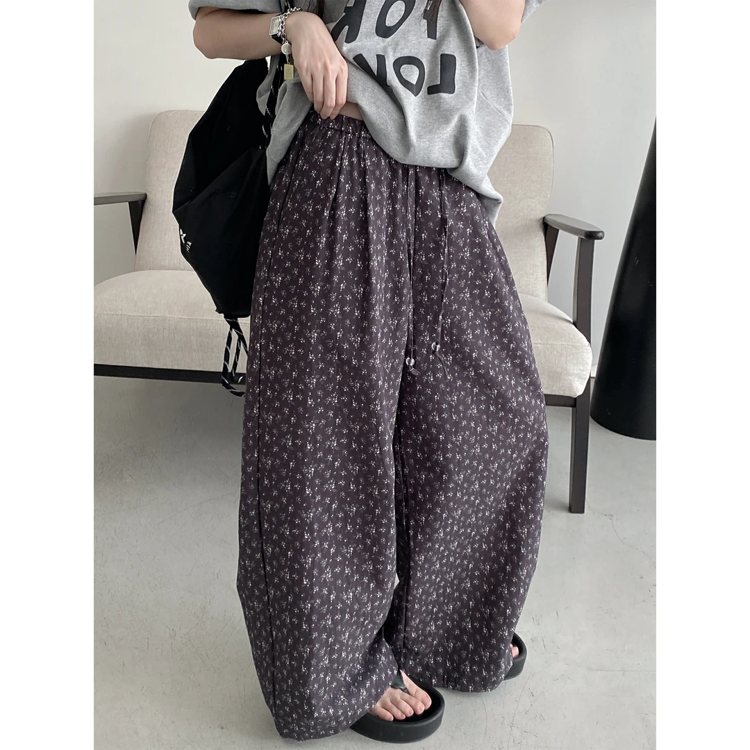 碎花裤低调慵懒夏季凉感宽松抽绳休闲裤长裤女阔腿裤拖地裤