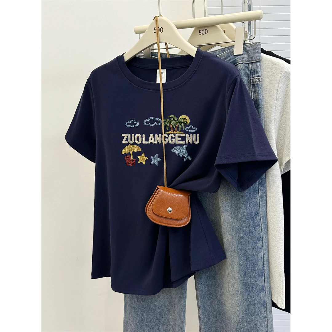 2025夏季圆领正肩短袖T恤女大码微胖mm显瘦遮肉百搭圆领半袖上衣