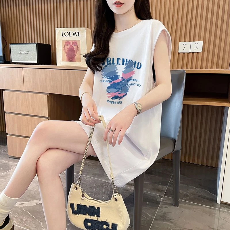 夏季大码纯棉无袖背心宽松中长款t恤女ins潮牌高级感洋气显瘦上衣