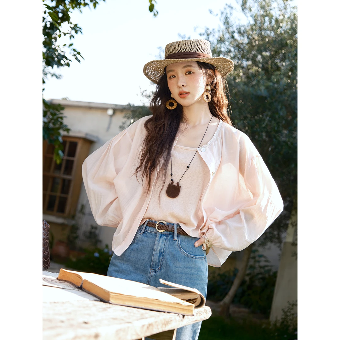 谜秀薄款衬衫套装女百搭吊带外搭遮阳开衫叠穿两件套夏季法式宽松